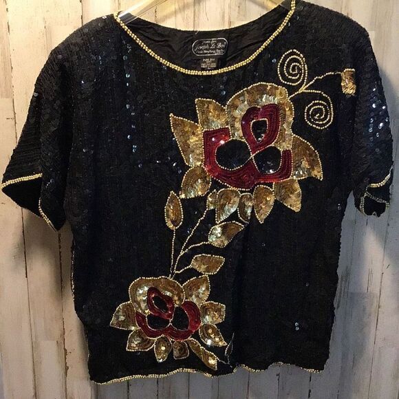 Blouse vintage sequin Joseph Le Bon silk blouse size large missing few beads on - Picture 1 of 7